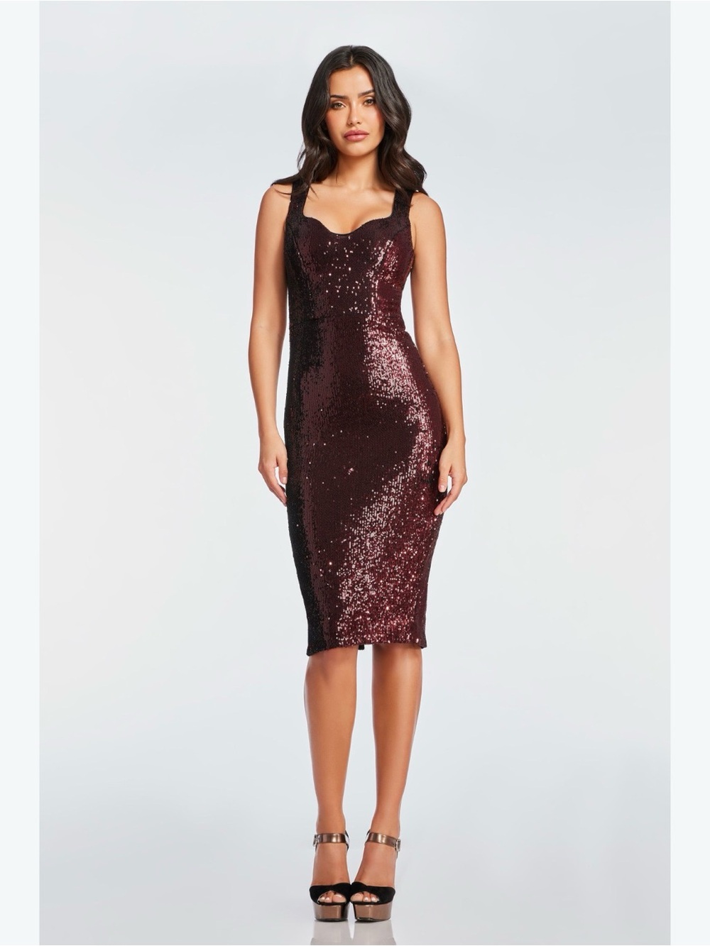 Dress the population sloane Sequin Sleeveless Burgundy Midi Dress NWOT Size Me